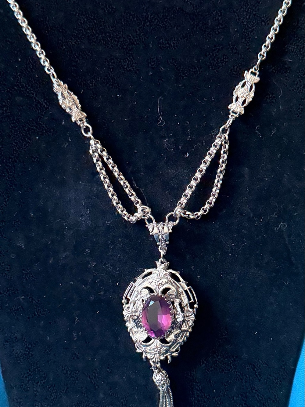 Whiting & Davis Silver-Tone Necklace with Purple Centerstone